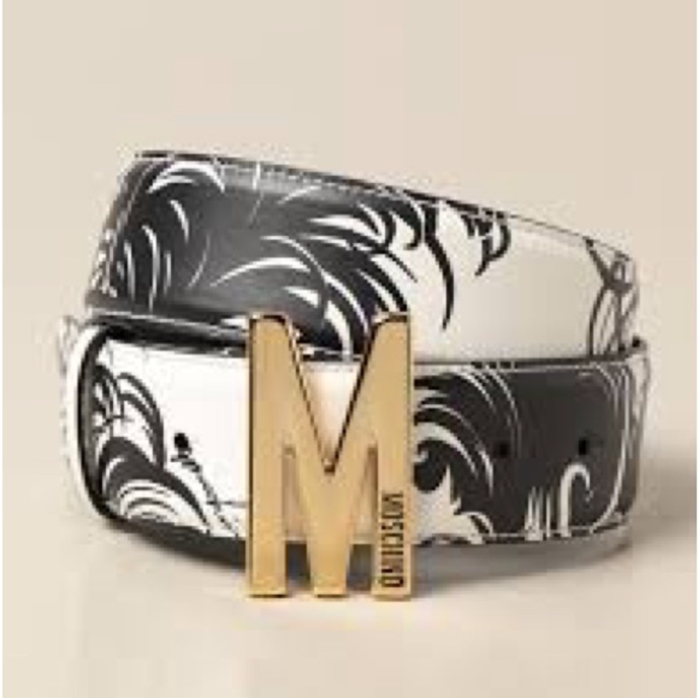 Moschino Couture Feather Print Leather Belt - Gold M Buckle